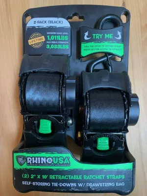 Rhino TD-RSRE2X10-BLK-R 2-Count Pack of Black Retractable 2" Inch x 10' Ft. Ratchet Straps