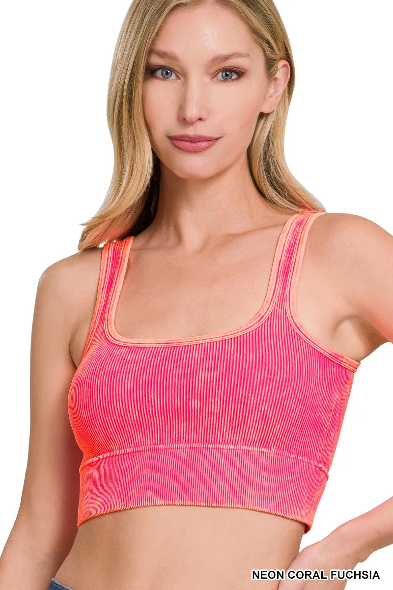 Ribbed Square Neck Mineral Washed Bralette Crop Top with pads by Zenana - 16 colors