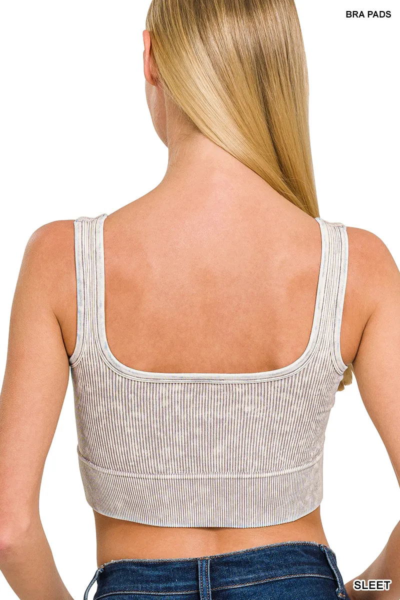 Ribbed Square Neck Mineral Washed Bralette Crop Top with pads by Zenana - 16 colors