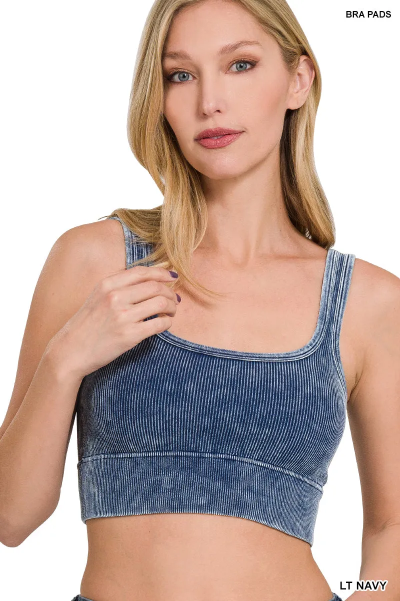Ribbed Square Neck Mineral Washed Bralette Crop Top with pads by Zenana - 16 colors
