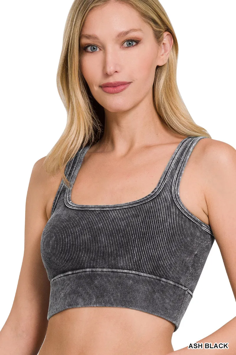 Ribbed Square Neck Mineral Washed Bralette Crop Top with pads by Zenana - 16 colors