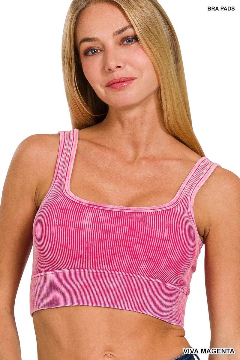 Ribbed Square Neck Mineral Washed Bralette Crop Top with pads by Zenana - 16 colors