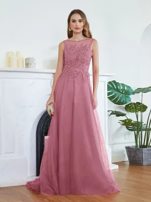 Round Neck Tulle A line Long Sleeveless Lace Appliques Bridesmaid Dress