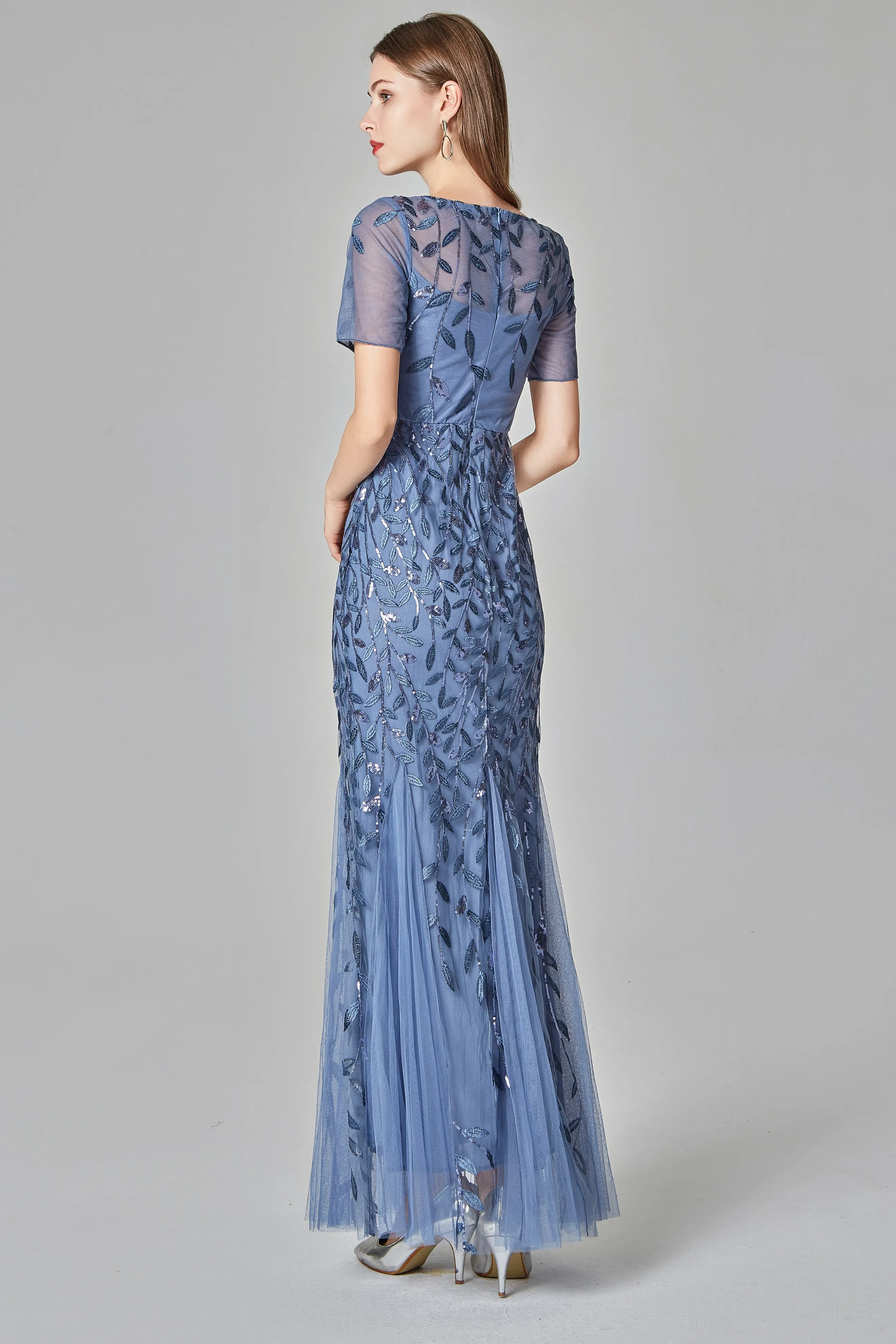 Round Neckline Mermaid Prom Dresses Tulle Sequin Long Evening Dresses E90801