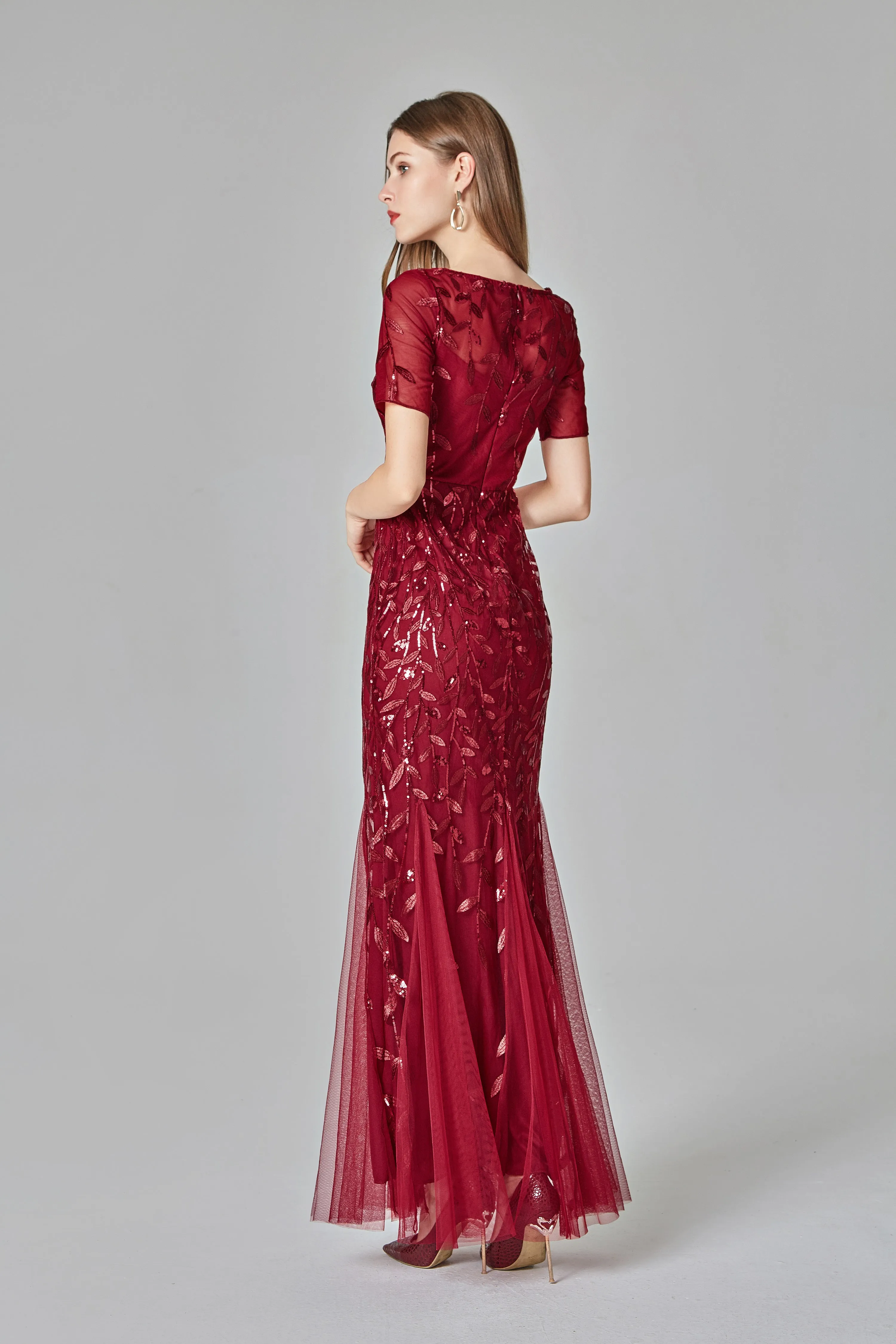 Round Neckline Mermaid Prom Dresses Tulle Sequin Long Evening Dresses E90801