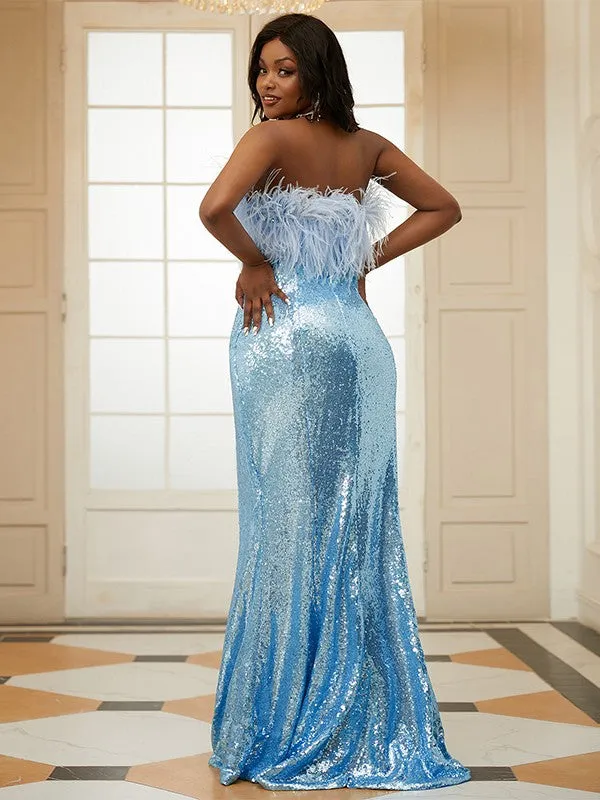 Sheath/Column Sequins Feathers/Fur Strapless Sleeveless Sweep/Brush Train Dresses