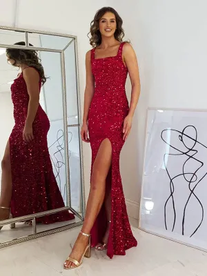 Sheath/Column Velvet Sequins Straps Sleeveless Floor-Length Dresses