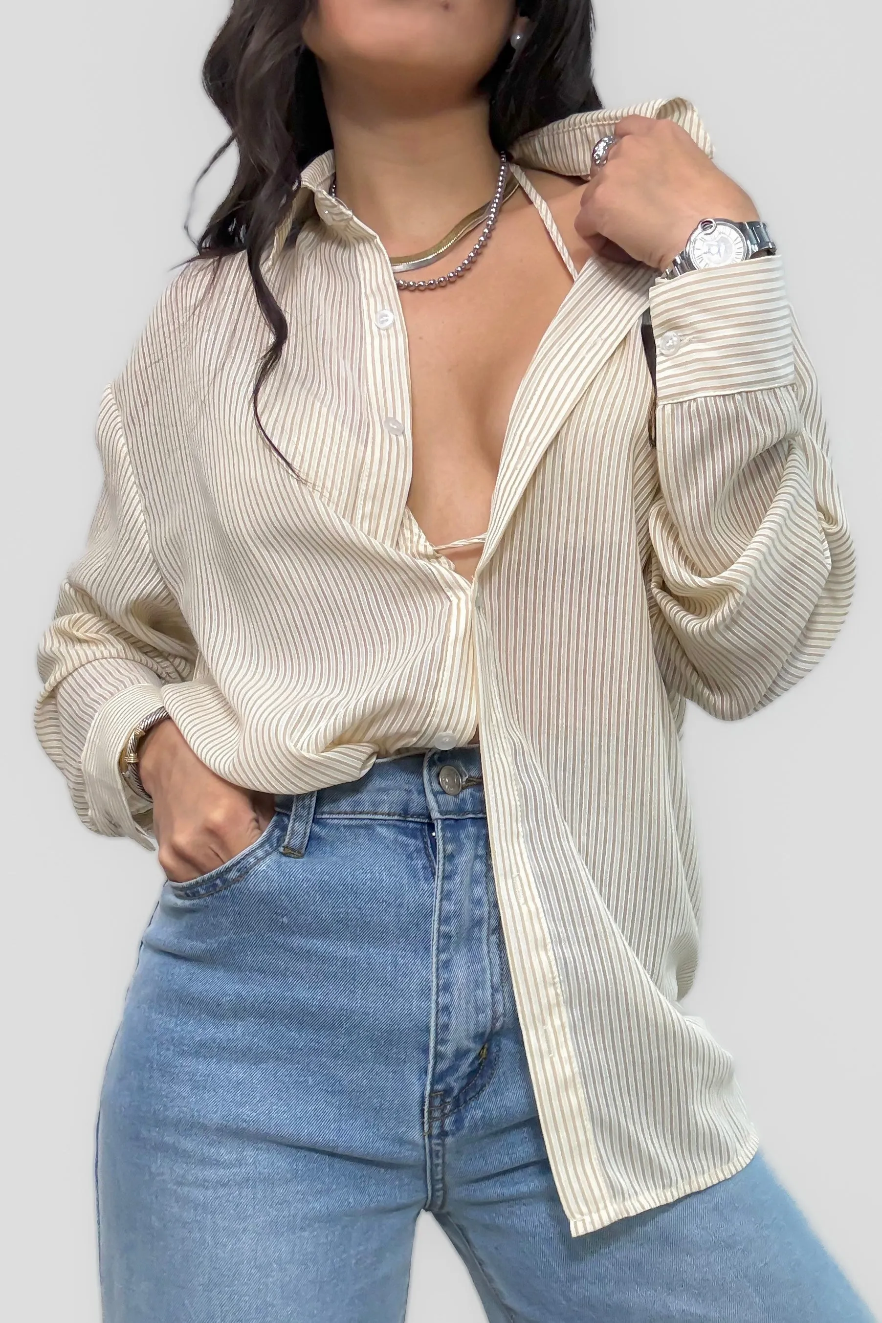 Sheer Button Down Blouse   Bralette Set-Natural Beige