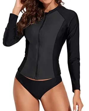 Slimming Effect Zip Up Swim Shirts 2 Piece Rash Guard For Women-Grey And Black