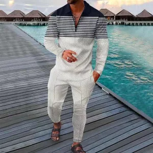 Stripe Pattern Long Sleeve Polo Suit