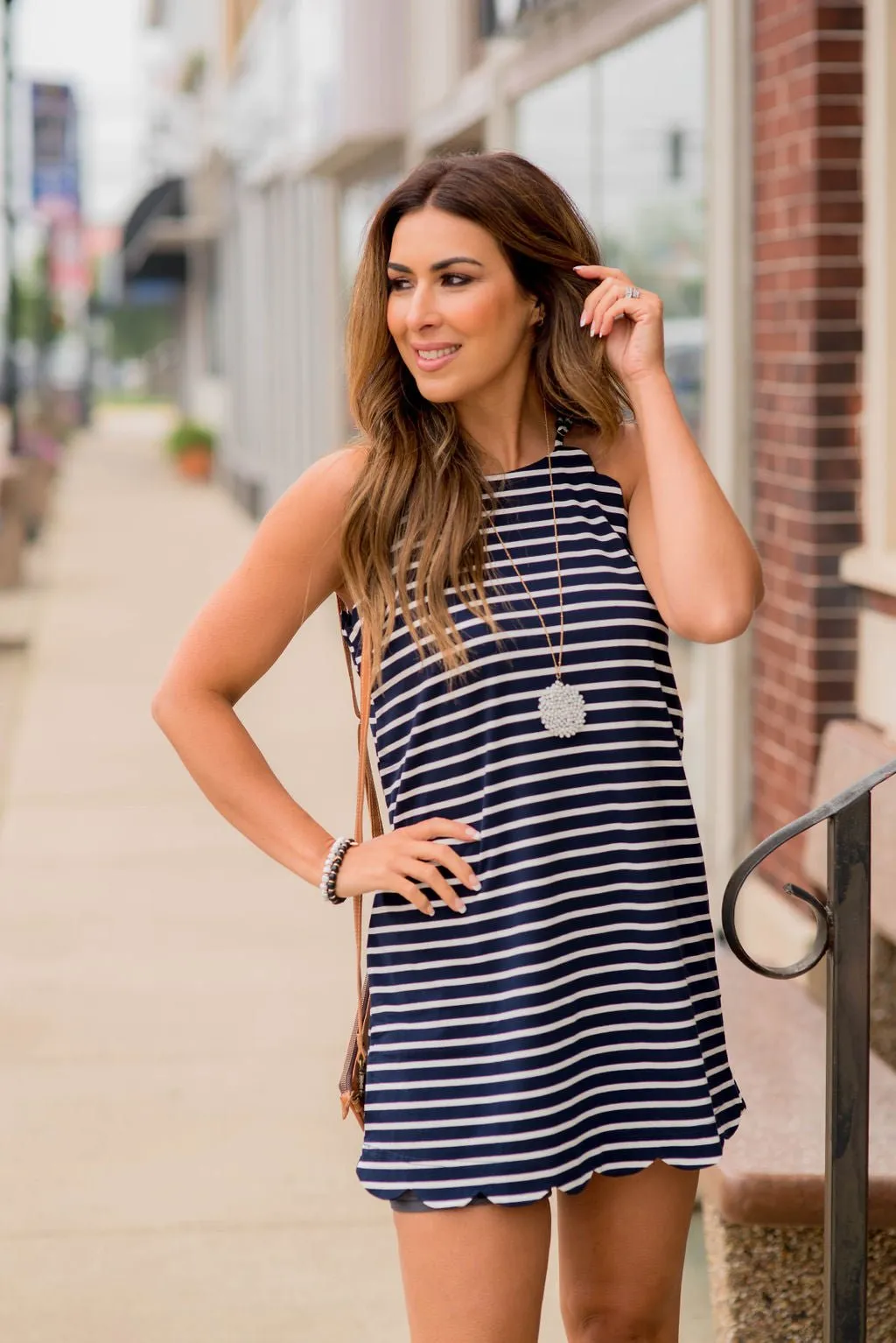 Striped Scalloped Trim Halter Tank Dress