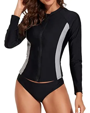 Sun Protection Swim Shirt Upf 50  2 Piece Rash Guard For Women-Black
