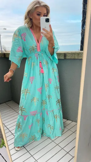 SUNNA PALM PARADISE DRESS - TURQUOISE