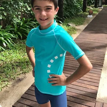 Turquoise/ white short-sleeved rash top (zipped)