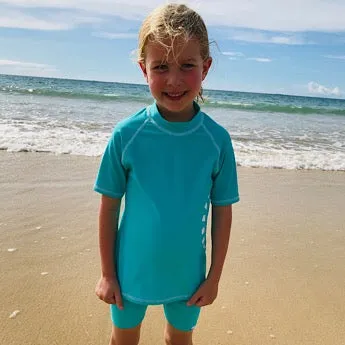 Turquoise/ white short-sleeved rash top (zipped)