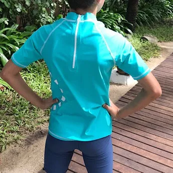 Turquoise/ white short-sleeved rash top (zipped)
