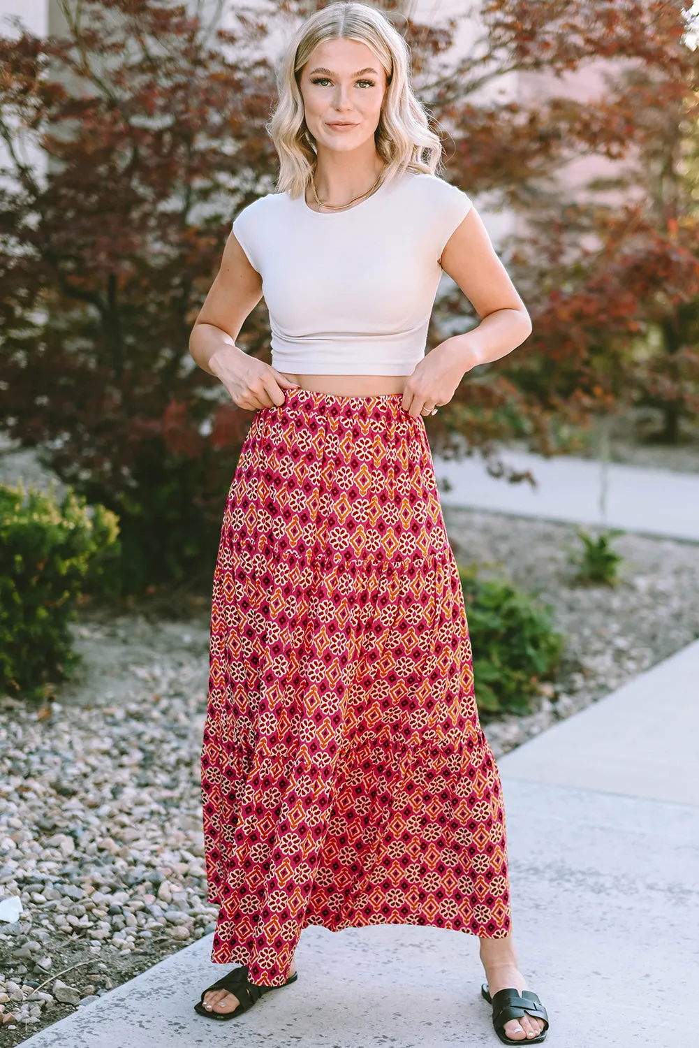 Vintage Boho Floral Print Tiered Maxi Skirt