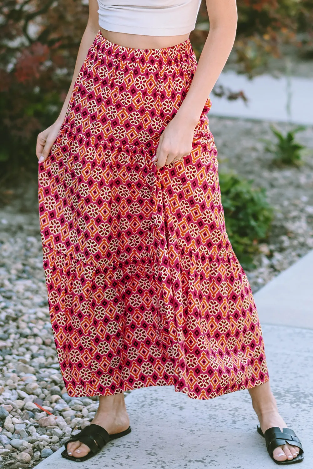 Vintage Boho Floral Print Tiered Maxi Skirt