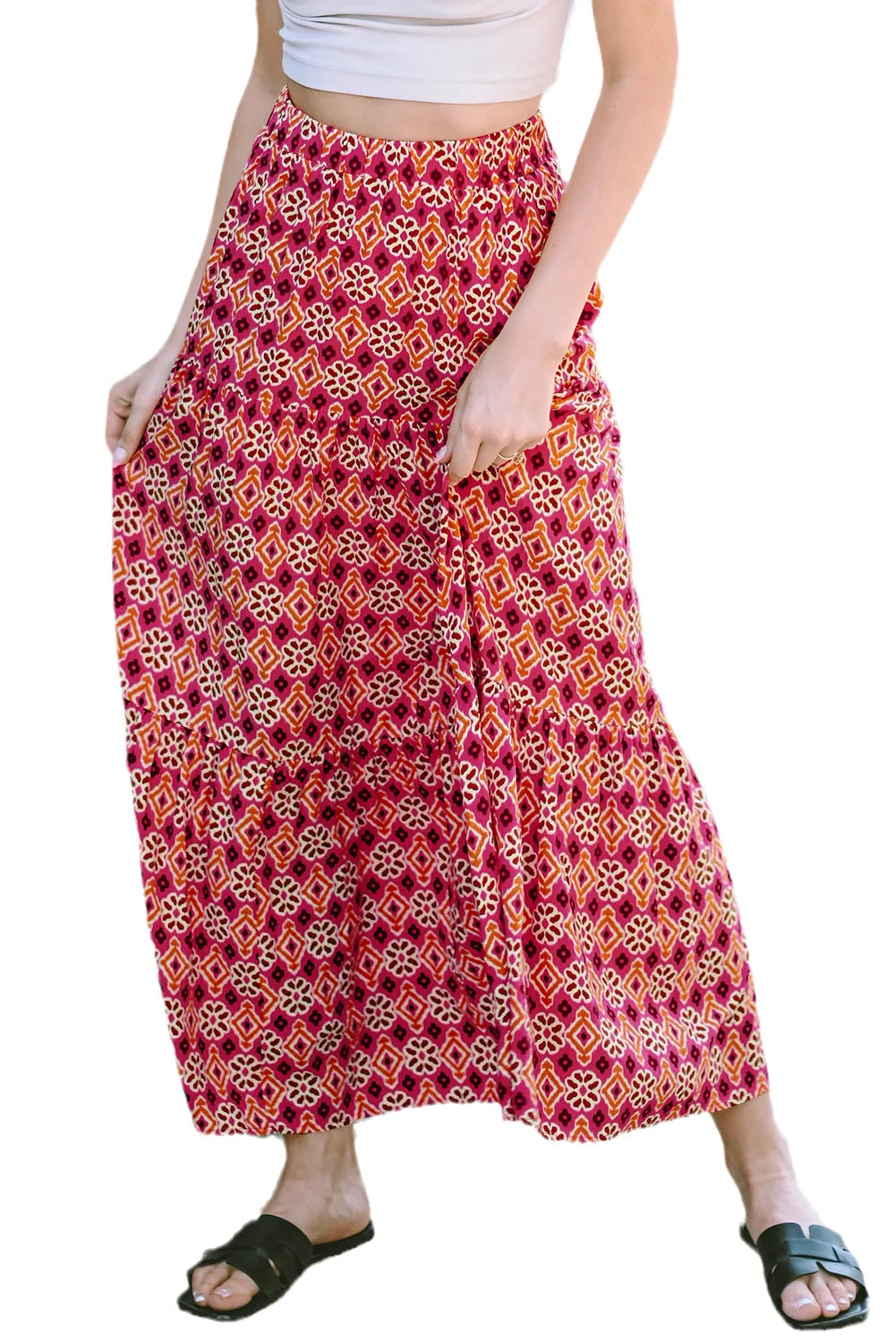 Vintage Boho Floral Print Tiered Maxi Skirt