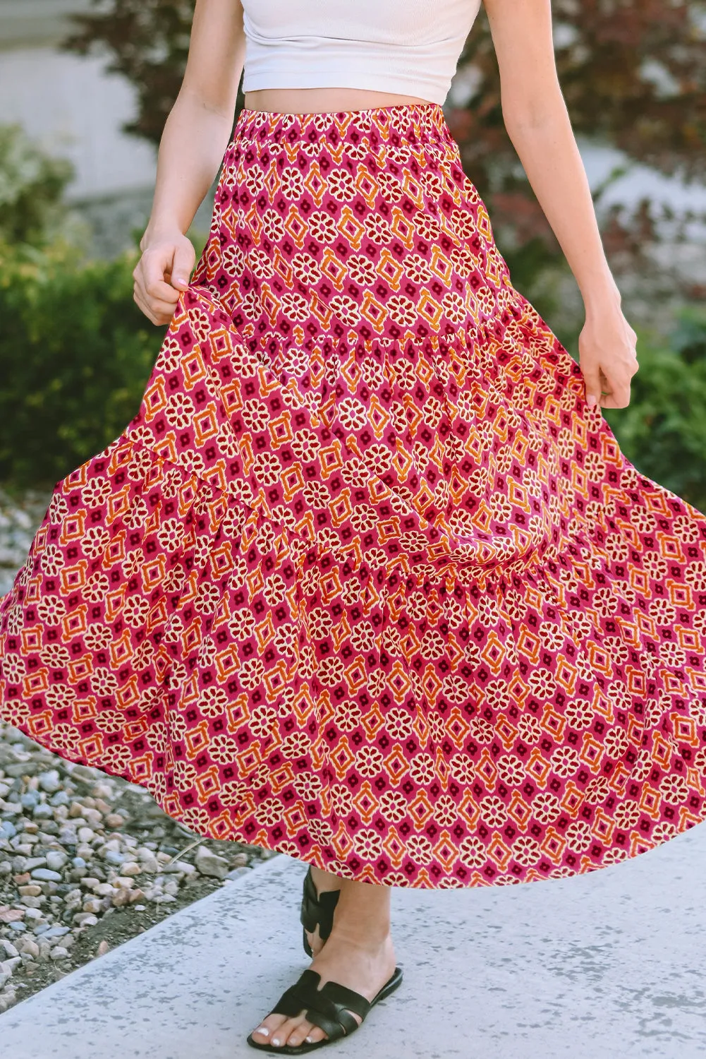 Vintage Boho Floral Print Tiered Maxi Skirt