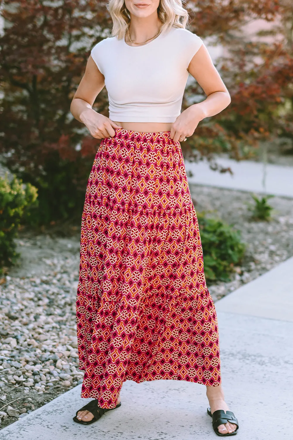 Vintage Boho Floral Print Tiered Maxi Skirt