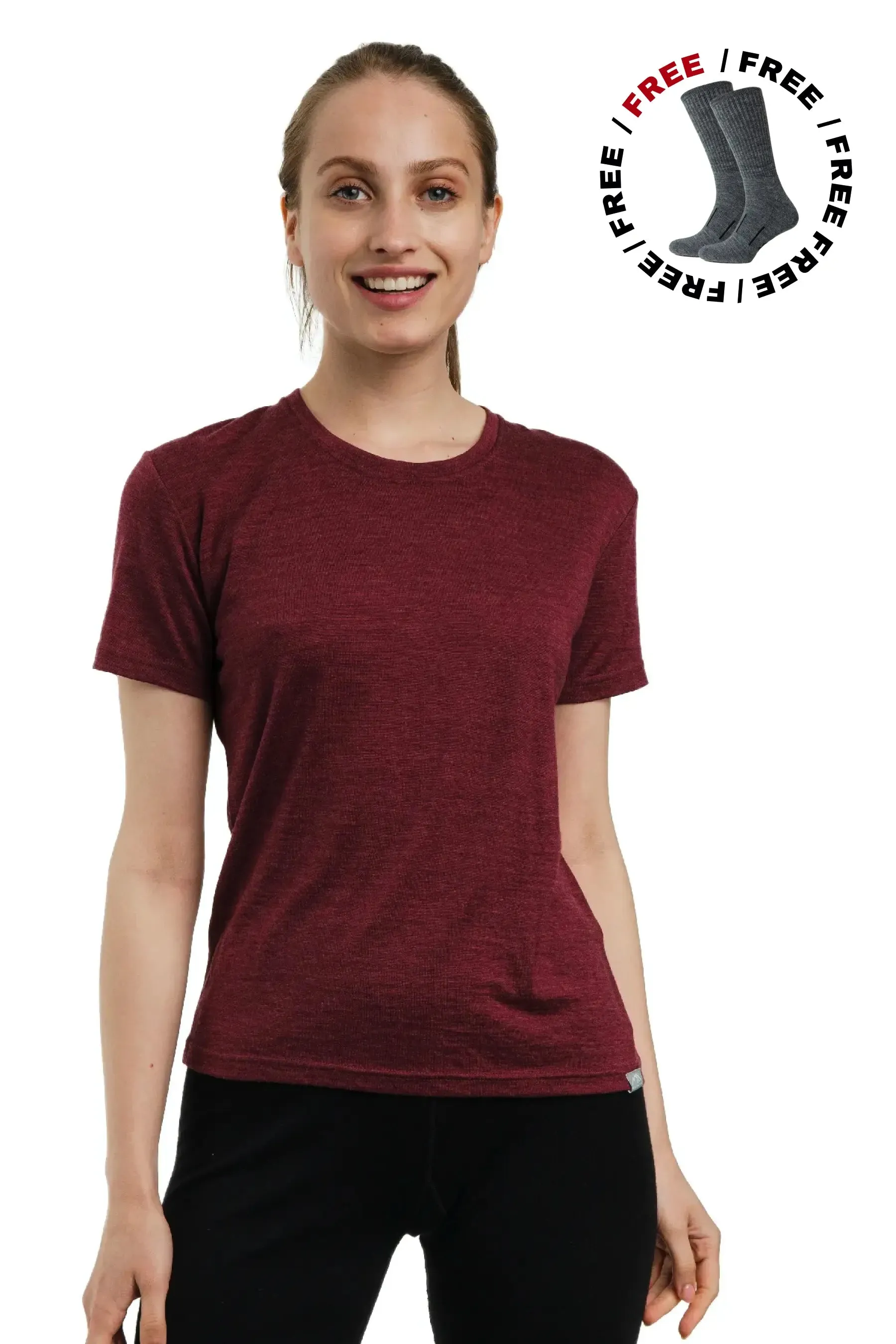 Women's Merino T-shirt 165 Burgundy | Crewneck ( socks)