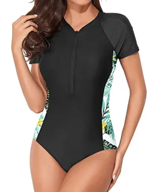 Zipper Bathing Suit Surfing Swimwear Upf 50  Rash Guard For Women-Black Leaf