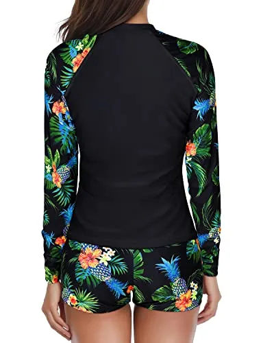 Zipper Front Women's Rash Guard Swimsuit Two Piece Bathing Suit-Black Pineapple