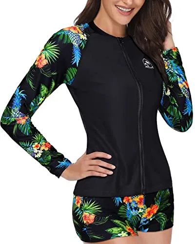 Zipper Front Women's Rash Guard Swimsuit Two Piece Bathing Suit-Black Pineapple